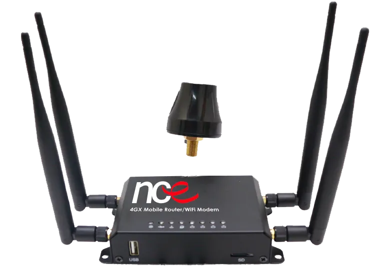 NCE Travel WiFi Modem Kit V2 router with four antennas and a roof aerial