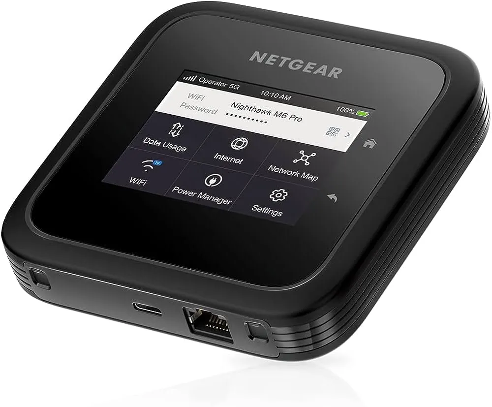 Netgear Nighthawk M6 Pro portable 5G router showing its touchscreen menu