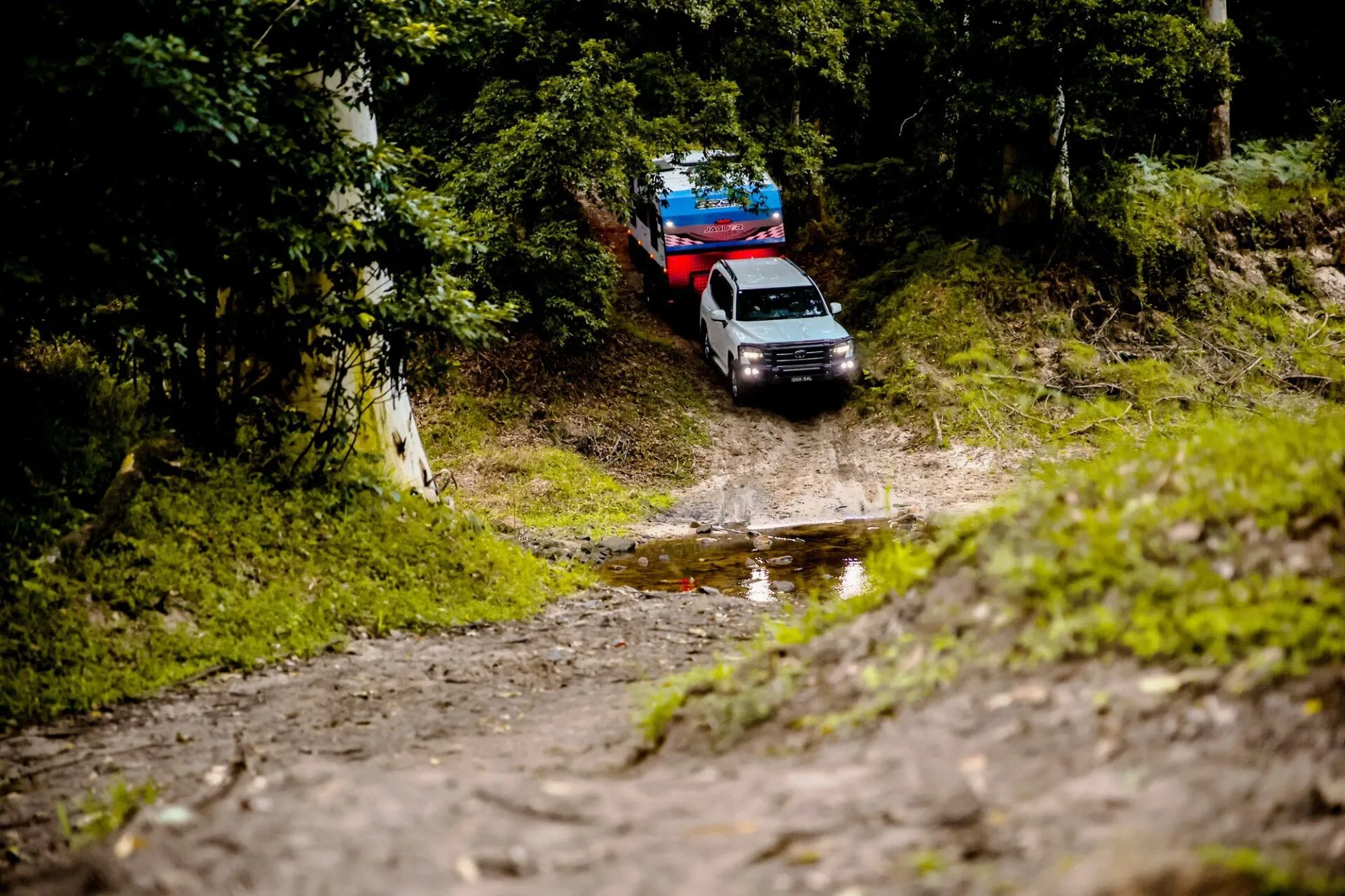 Tow vehicle and caravan descending a slope on an Australian mountain road