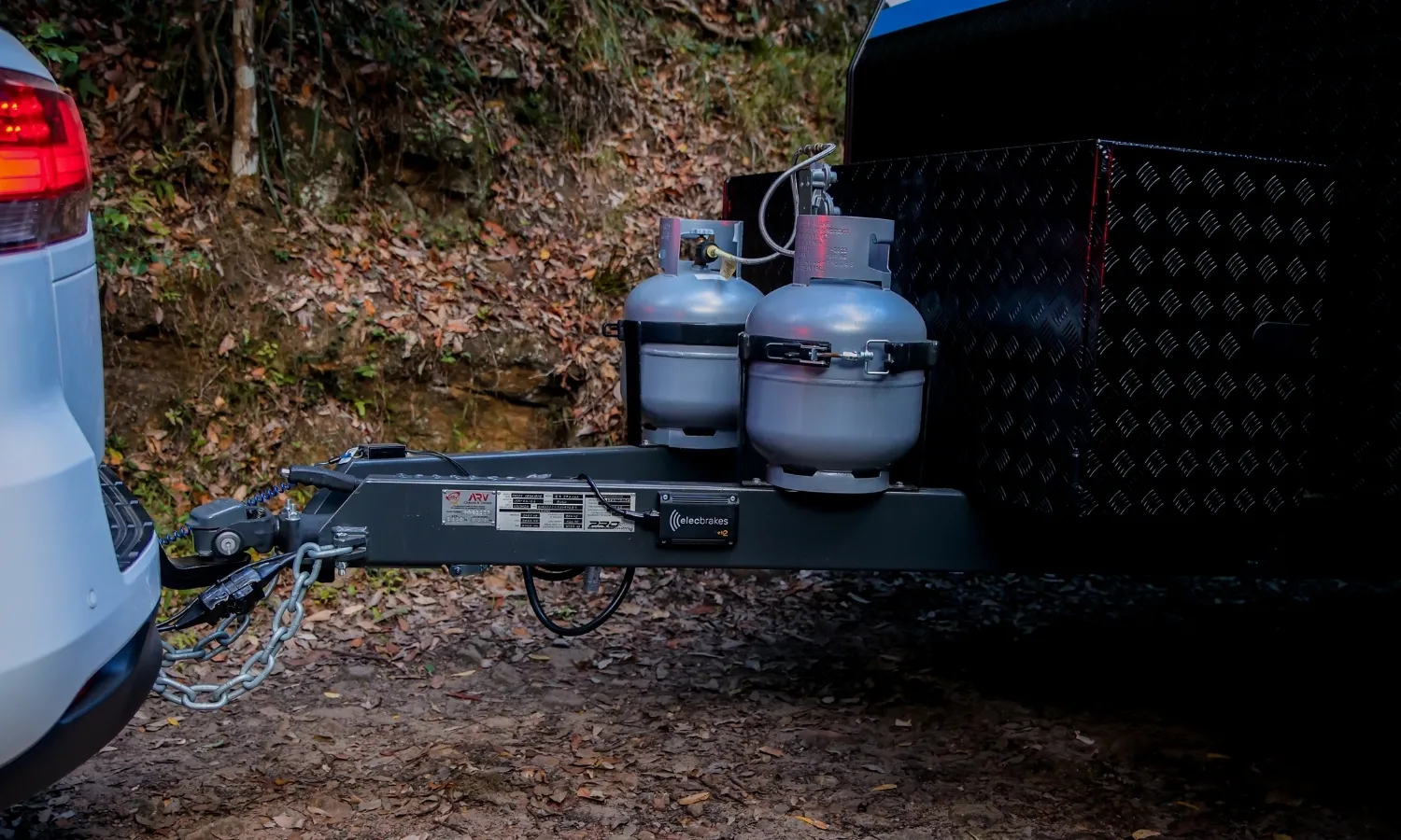 Elecbrakes trailer-mounted electric brake controller installed on a caravan drawbar