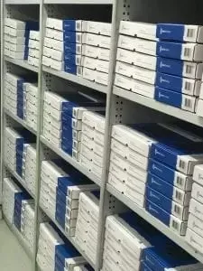 Shelves of boxed Elecbrakes brake controllers ready to ship
