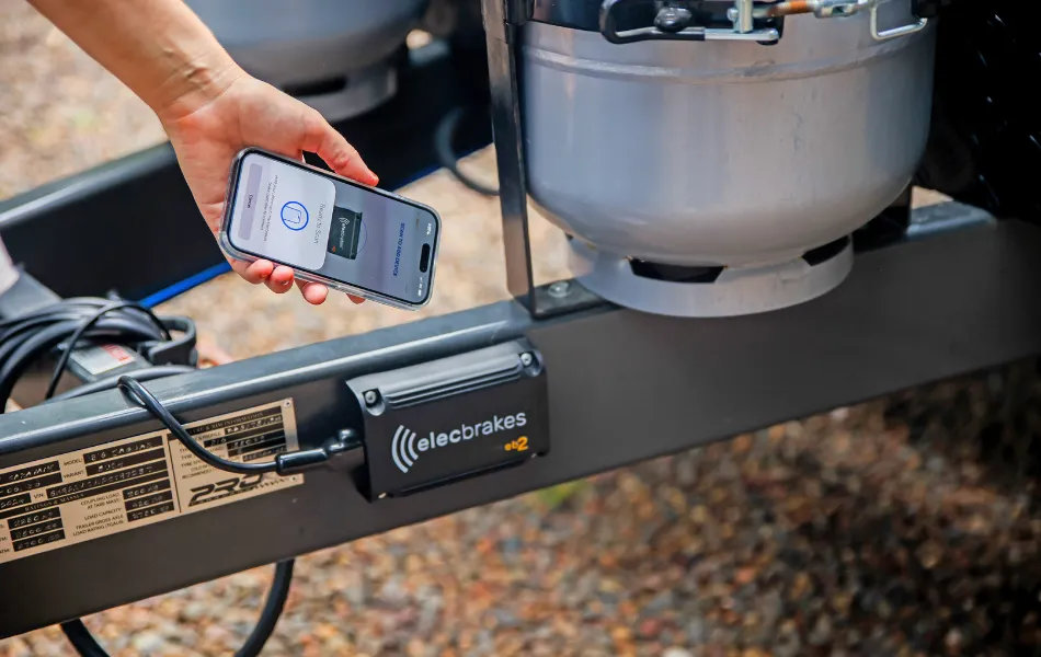 Elecbrakes trailer-mounted EB2 and phone app in action