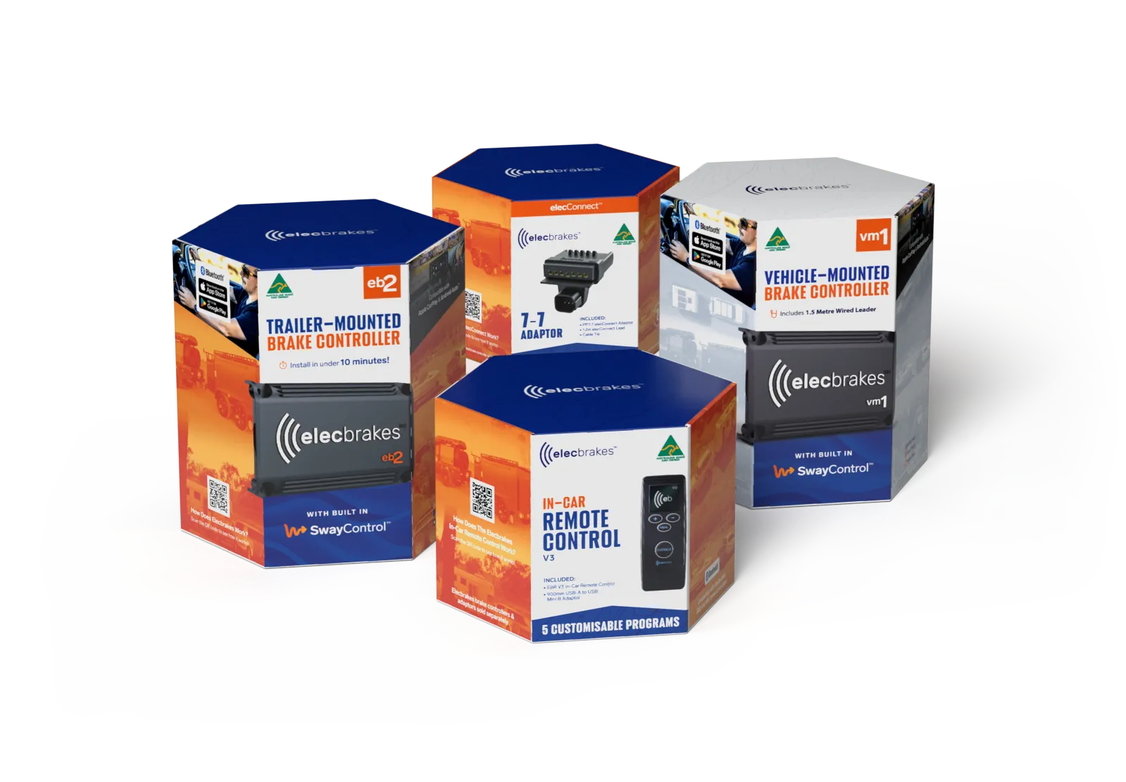The Elecbrakes retail range boxed up: the EB2 trailer-mounted controller, the 7-7 elecConnect adaptor, the in-car remote and the VM1 vehicle-mounted controller