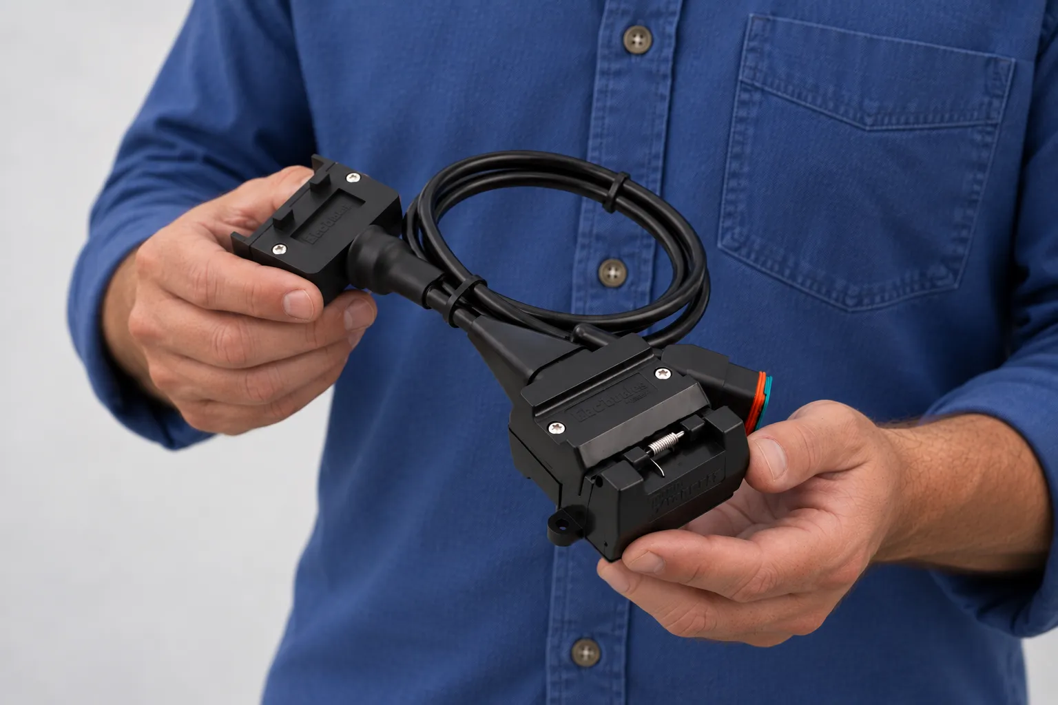 An Elecbrakes wired plug and play adaptor held in both hands, plug at one end and socket at the other