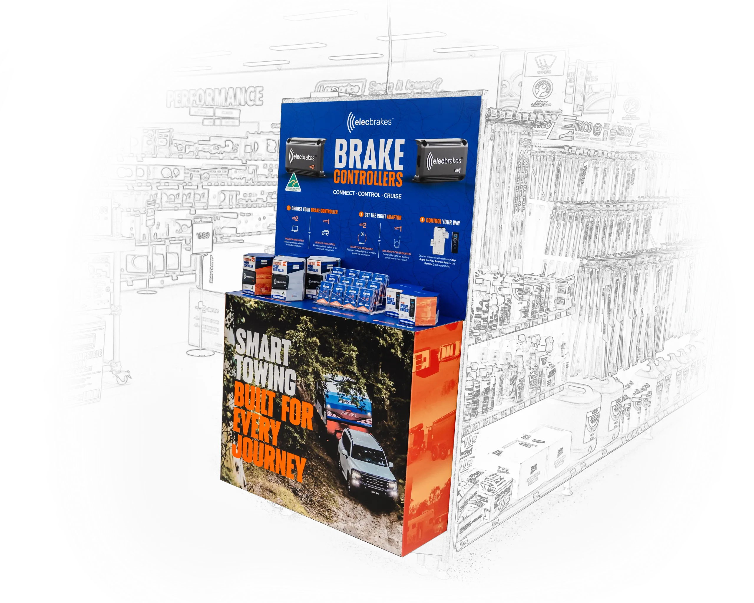 An Elecbrakes aisle-end display in a retail store
